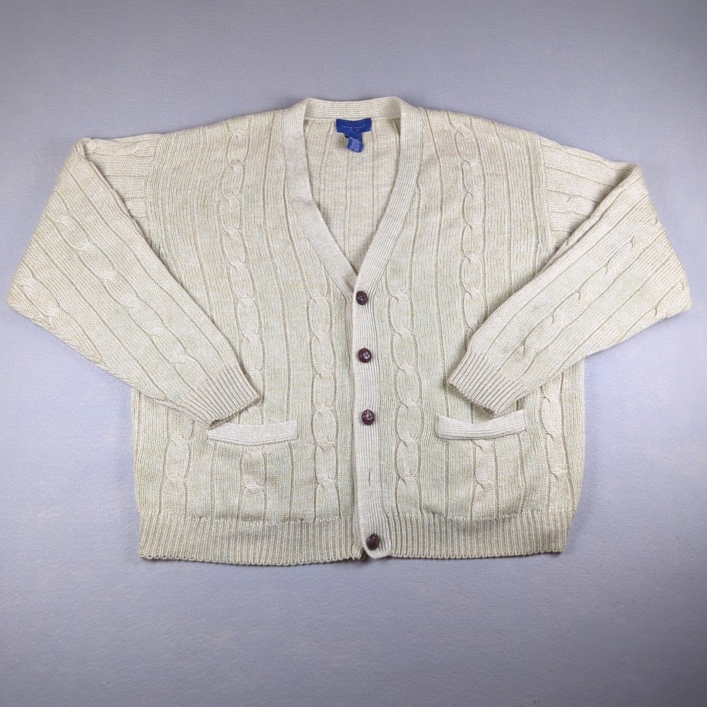 Vintage Towncraft Cardigan Mens Extra Large Beige Ivory Cable Knit Sweater